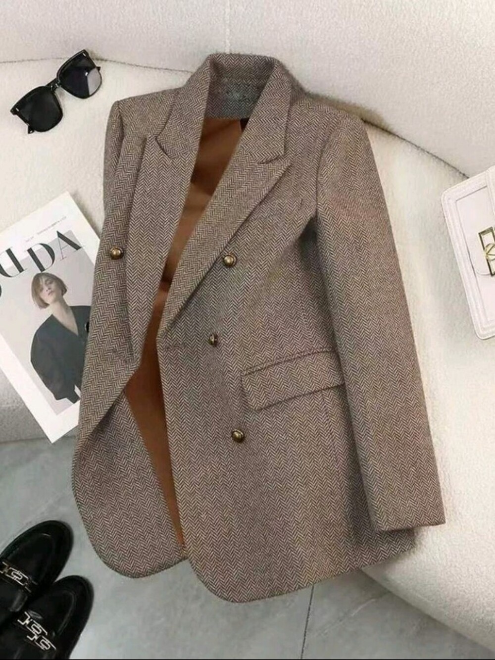 Women's Coffee Brown Suit Jacket,Elegant Office Autumn Winter High